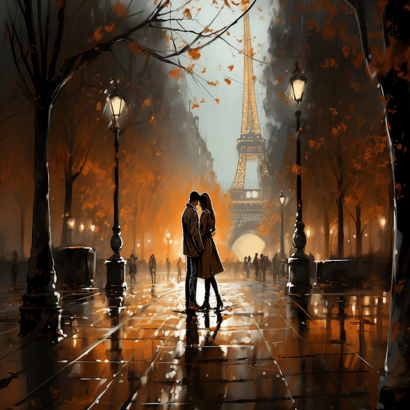 A romantic couple kissing under Paris streetlamps with the Eiffel Tower in the background on a rainy autumn night.