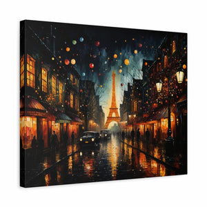 Paint by numbers of the Eiffel Tower glowing over a rainy Paris street at night shown in a frame