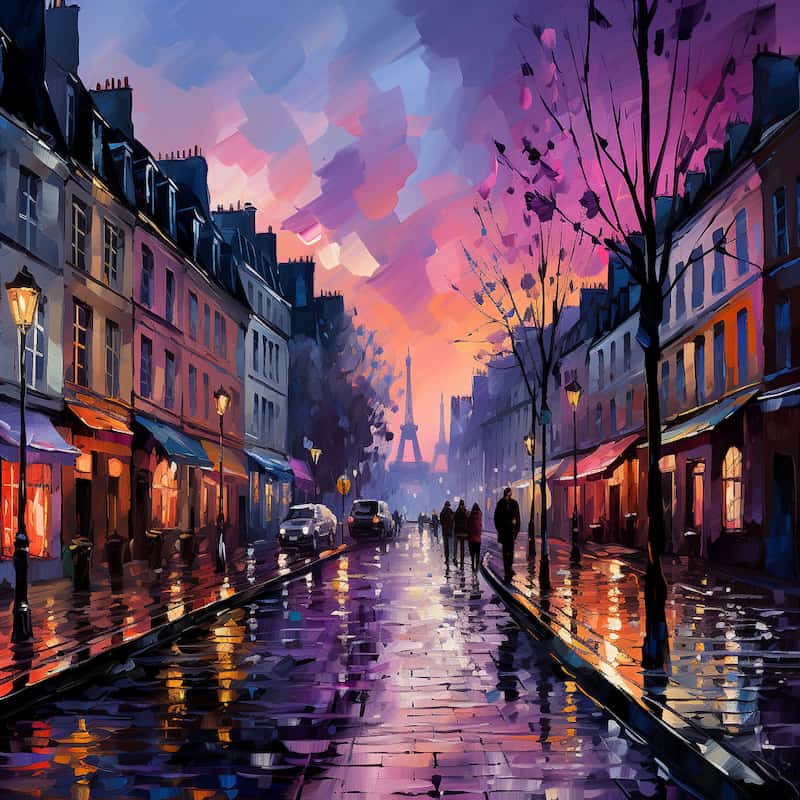 Paint by numbers of a Paris street at sunset with glowing lights, colorful reflections, and the Eiffel Tower in the distance.