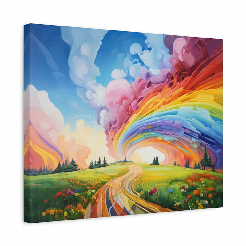 Paint by numbers artwork of a surreal rainbow arching across the sky above a colorful meadow with flowers and a golden pathway leading into the horizon shown in a frame