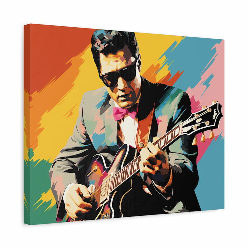 Paint by numbers artwork of a retro guitarist in sunglasses and suit playing an electric guitar against a bold colorful pop-art background shown in a frame