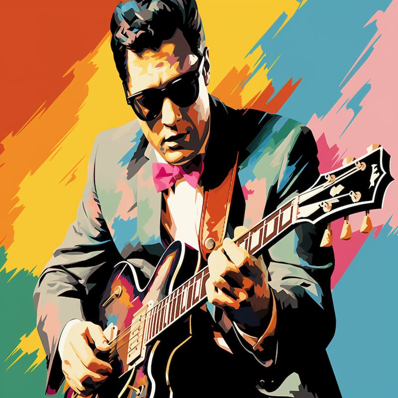 Paint by numbers artwork of a retro guitarist in sunglasses and suit playing an electric guitar against a bold colorful pop-art background