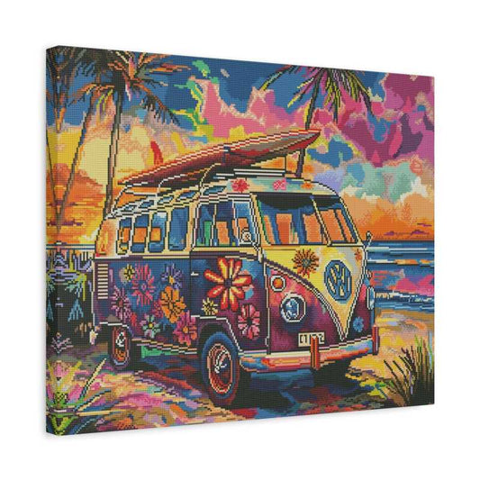 Colorful painting of a vintage van with a surfboard on a tropical beach