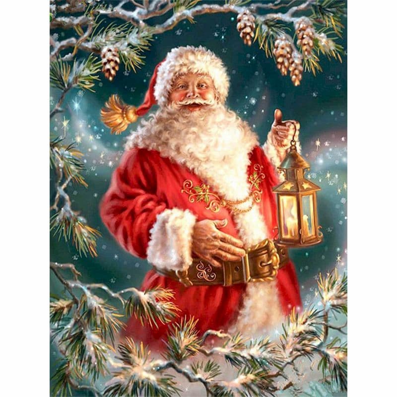 A Paint by Numbers artwork of Santa Claus in a red suit holding a glowing lantern, surrounded by snowy pine branches and pinecones.