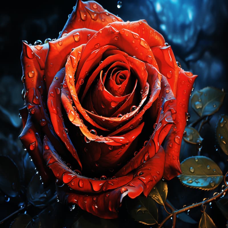 A vivid red rose covered in raindrops against a dramatic dark and blue background.
