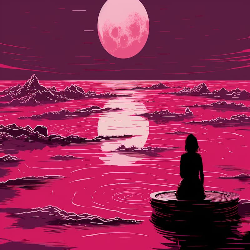 A silhouette of a person sitting by crimson waters, gazing at a glowing pink full moon reflecting across the ocean.