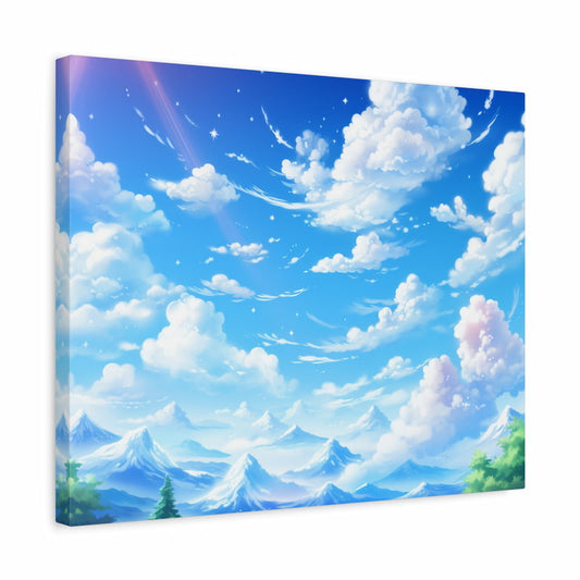Paint by numbers artwork of dreamy blue skies with fluffy white clouds, glowing sunlight rays, snowy mountain peaks, and scattered stars in a fantasy landscape shown in a frame
