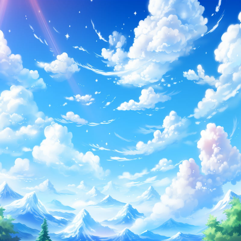 Paint by numbers artwork of dreamy blue skies with fluffy white clouds, glowing sunlight rays, snowy mountain peaks, and scattered stars in a fantasy landscape