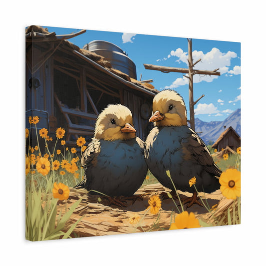Paint by numbers artwork of two baby chicks sitting together in a sunny meadow with yellow wildflowers and rustic barns in the background shown in a frame