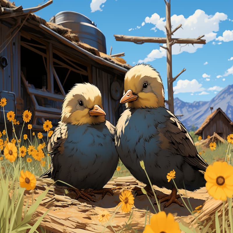 Paint by numbers artwork of two baby chicks sitting together in a sunny meadow with yellow wildflowers and rustic barns in the background