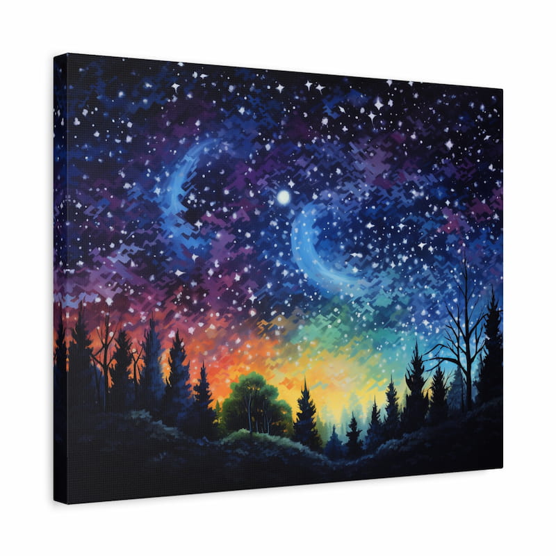 Paint by numbers artwork of a magical night sky with glowing stars, crescent moons, and colorful twilight above a dark forest silhouette shown in a frame