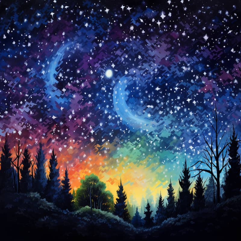 Paint by numbers artwork of a magical night sky with glowing stars, crescent moons, and colorful twilight above a dark forest silhouette