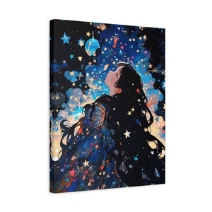 Paint by numbers artwork of a girl looking up at a star-filled night sky with swirling clouds and cosmic colors shown in a frame