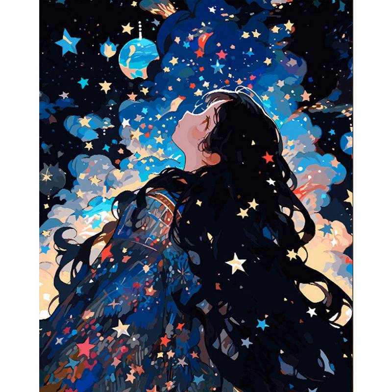 Paint by numbers artwork of a girl looking up at a star-filled night sky with swirling clouds and cosmic colors.