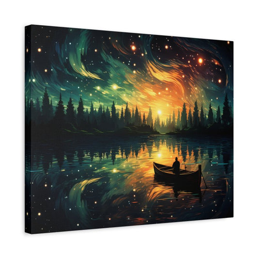 Paint by numbers kit of a starry night sky reflecting on a calm lake with a silhouette of a man in a boat shown in a frame.