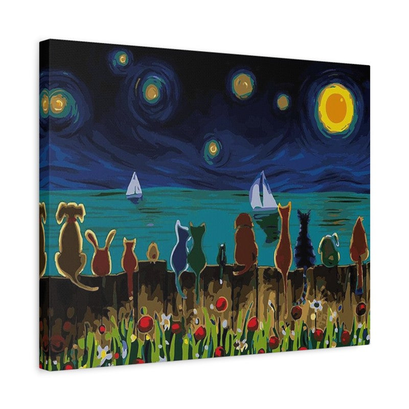 Colorful paint-by-numbers scene of cats, dogs, and animals sitting on a fence under a starry night sky by the sea shown in a frame