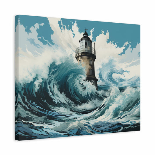 Paint by numbers artwork of a powerful ocean storm with massive crashing waves surrounding a tall lighthouse standing strong against the sea shown in a frame