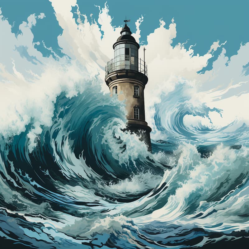 Paint by numbers artwork of a powerful ocean storm with massive crashing waves surrounding a tall lighthouse standing strong against the sea