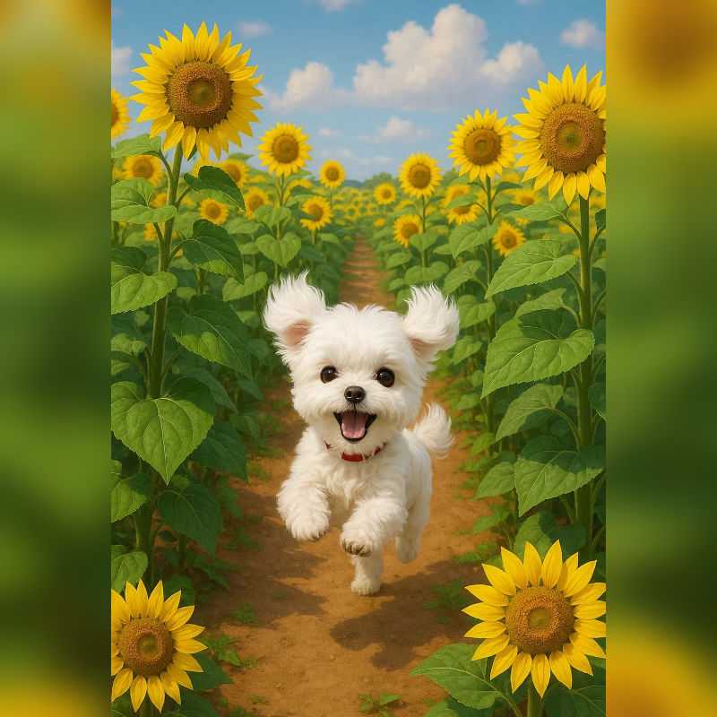 Happy white puppy running through a field of bright yellow sunflowers under a blue sky.