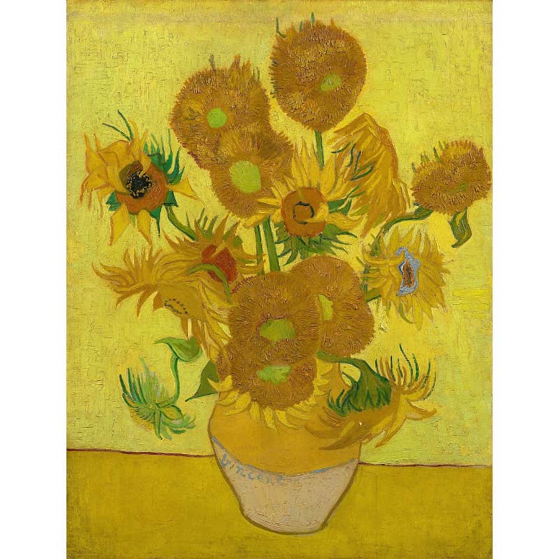 Painting of sunflowers in a vase on a yellow background