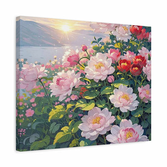sunlit peony garden paint by numbers shown in a frame featuring soft pink and red peonies in full bloom beside a serene lake at sunrise