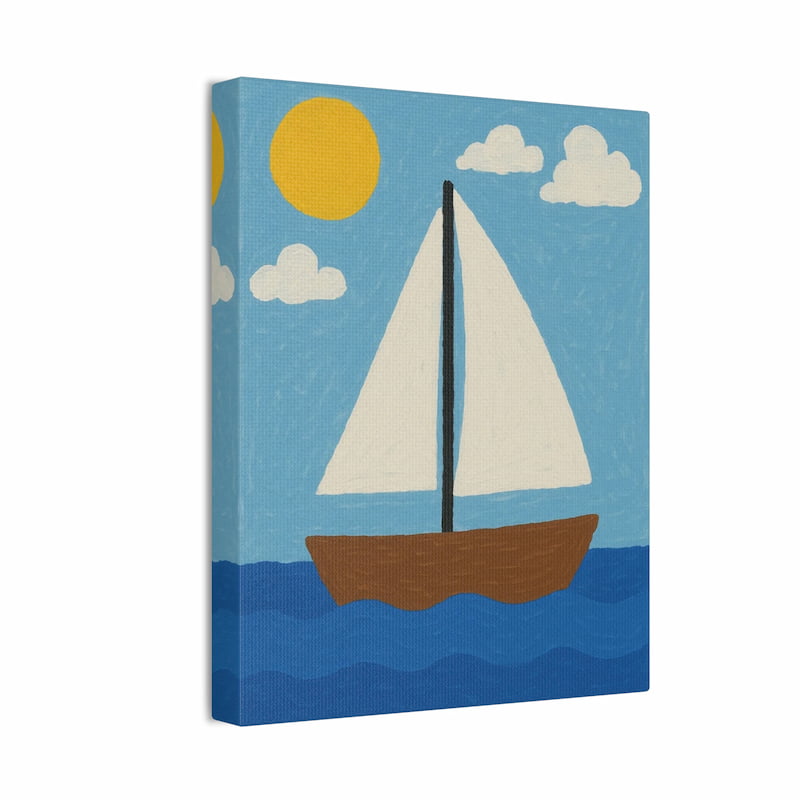 Simple paint by numbers artwork of a brown sailboat with white sails on blue waves under a bright sun and clouds shown in a frame