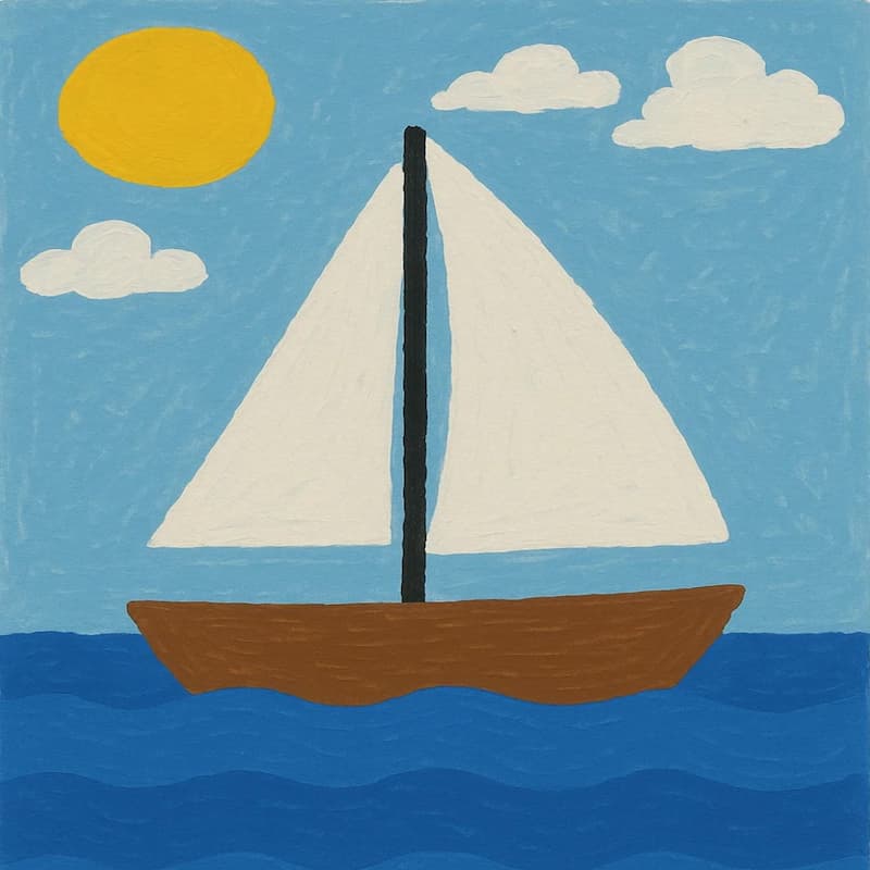 Simple paint by numbers artwork of a brown sailboat with white sails on blue waves under a bright sun and clouds.
