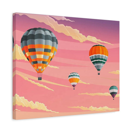 Four colorful hot air balloons floating in a pink-orange sunset sky with scattered clouds shown in a frame