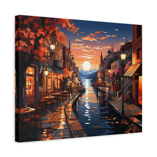 Paint by numbers of a romantic canal cityscape at sunset, with glowing street lamps, outdoor cafés, and a golden sun reflecting on the water shown in a frame