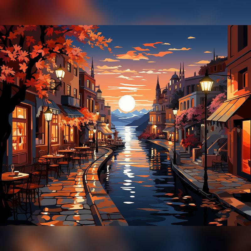 Paint by numbers of a romantic canal cityscape at sunset, with glowing street lamps, outdoor cafés, and a golden sun reflecting on the water.