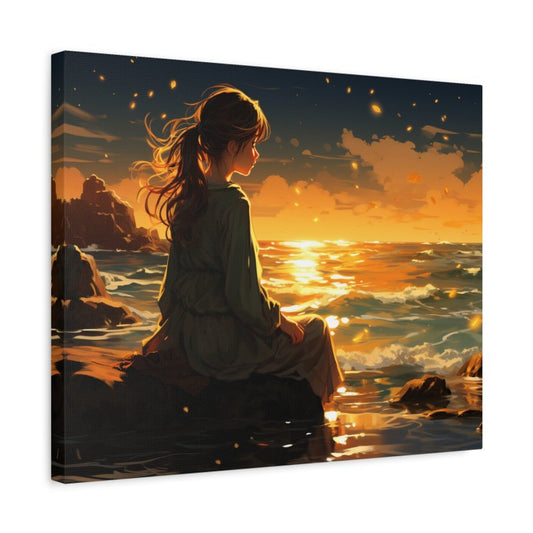 Paint by numbers kit of a girl sitting on rocks by the sea, watching a golden sunset over the ocean with glowing waves and warm light shown in a frame.