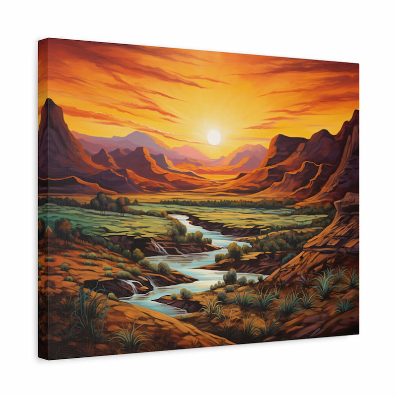 Paint by numbers artwork of a glowing sunset over a desert valley with a winding river, waterfalls, rocky cliffs, green meadows, and distant mountains shown in a frame
