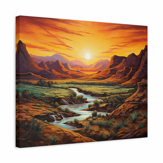 Paint by numbers artwork of a glowing sunset over a desert valley with a winding river, waterfalls, rocky cliffs, green meadows, and distant mountains shown in a frame