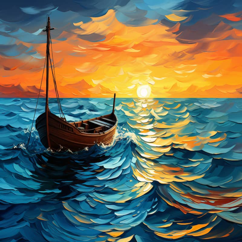 A Paint by Numbers seascape featuring a wooden sailboat floating on deep blue waves under a glowing sunset sky with golden reflections.