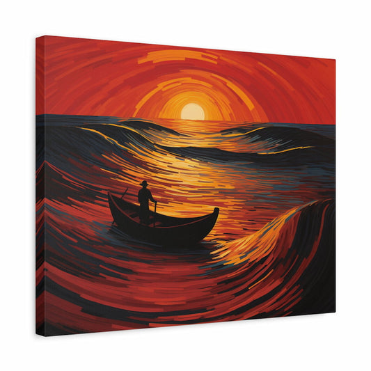 Paint by numbers artwork of a silhouetted rower in a small boat against fiery sunset waves and glowing ocean horizon in a dramatic impressionist style shown in a frame