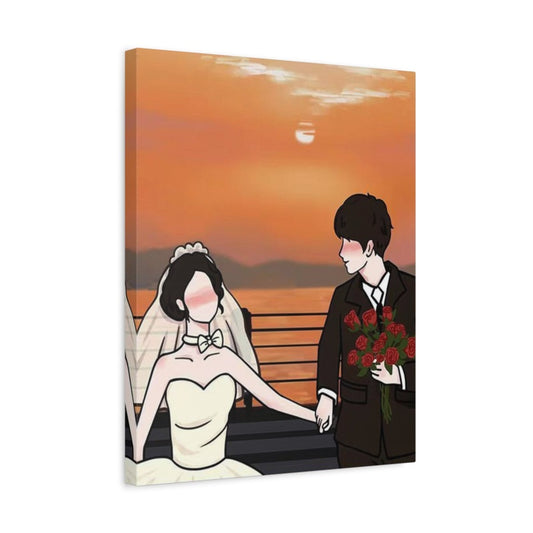Canvas print of a bride and groom holding hands with a sunset background