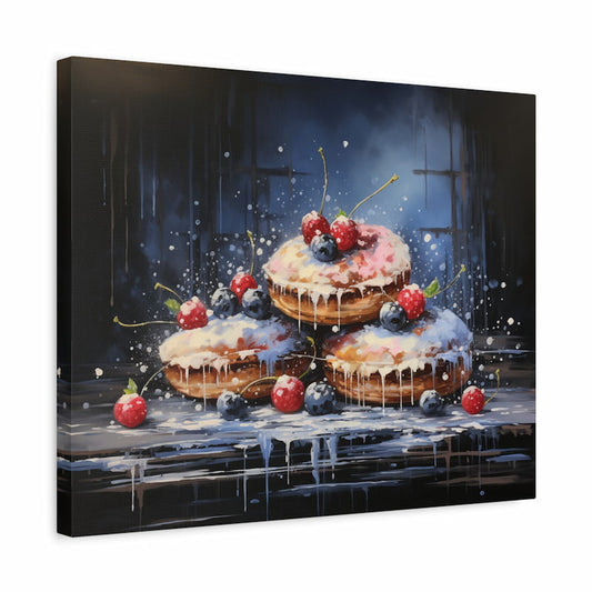 Paint by numbers artwork of stacked donuts topped with powdered sugar, dripping icing, and decorated with cherries and blueberries in a dramatic artistic style shown in a frame