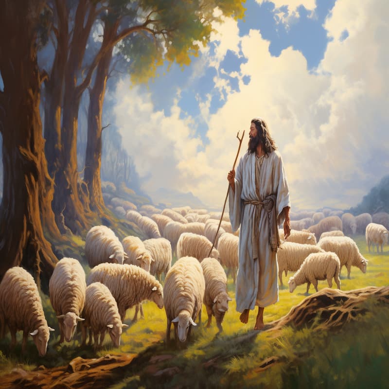 Paint by numbers of a person as the Good Shepherd walking among sheep in a sunlit field under a glowing sky shown in a frame