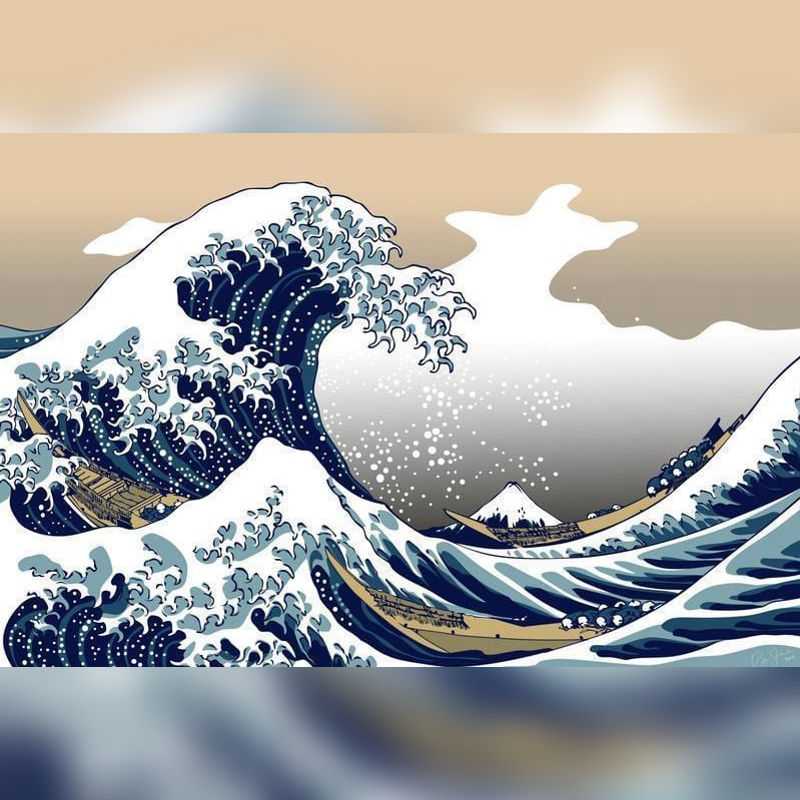 Famous artwork of a large wave with Mount Fuji in the background