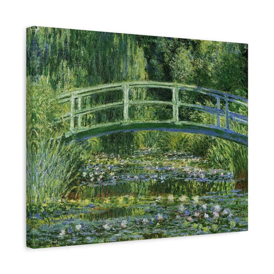 Canvas print of a famous painting featuring a bridge over water lilies with greenery.