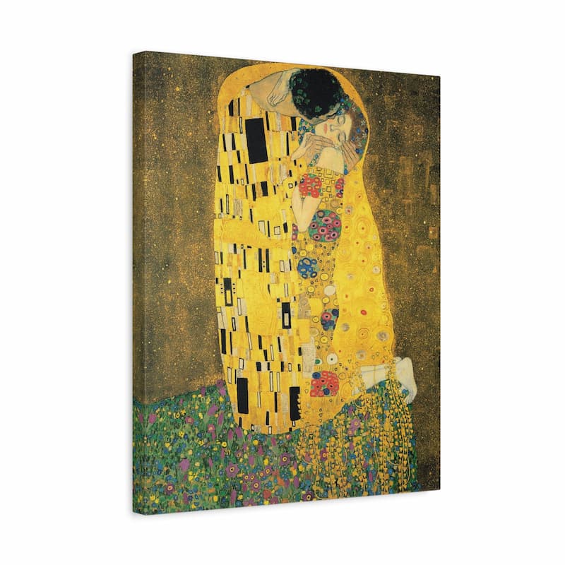The Kiss by Gustav Klimt Paint By Numbers, framed and hanging on a wall.