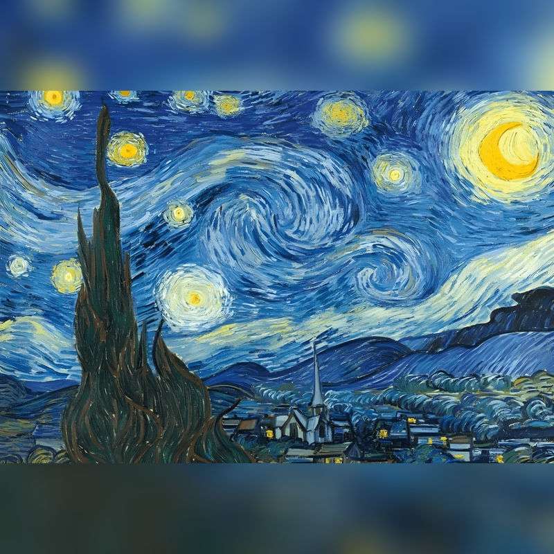 Starry Night painting by Vincent van Gogh with swirling night sky and village below.