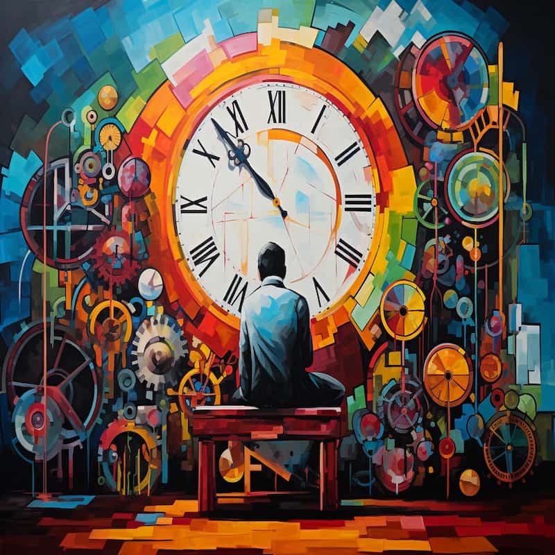 A man sits before a giant clock surrounded by colorful gears and abstract machinery.