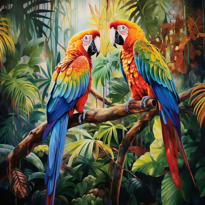 Paint by numbers kit of two colorful parrots sitting on branches in a tropical jungle.