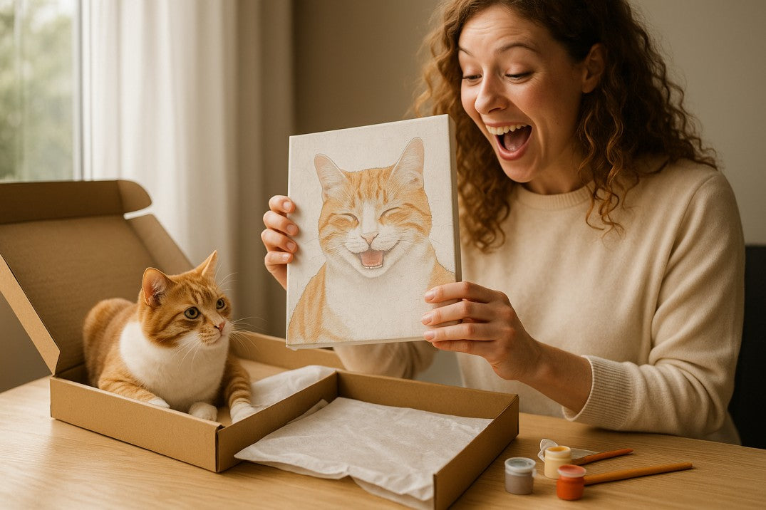 Woman holding a painting of a cat, with a cat inside an open cardboard box.