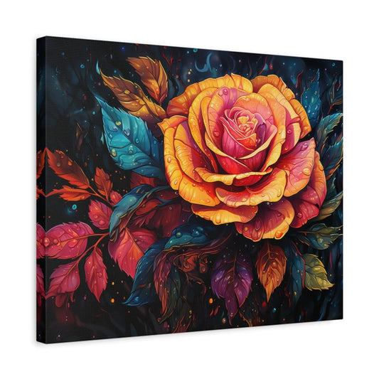 Paint by numbers kit of a vibrant rose with colorful petals and leaves covered in sparkling water droplets shown in a frame.
