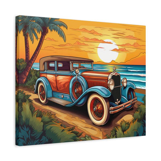 Paint by numbers of a classic vintage car parked by the beach at sunset, with palm trees, ocean waves, and a glowing orange sky shown in a frame.