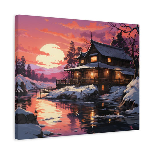 Paint by numbers of a traditional wooden cabin in the snow at sunset, with glowing lanterns reflecting on a river under a vibrant pink-orange sky shown in a frame