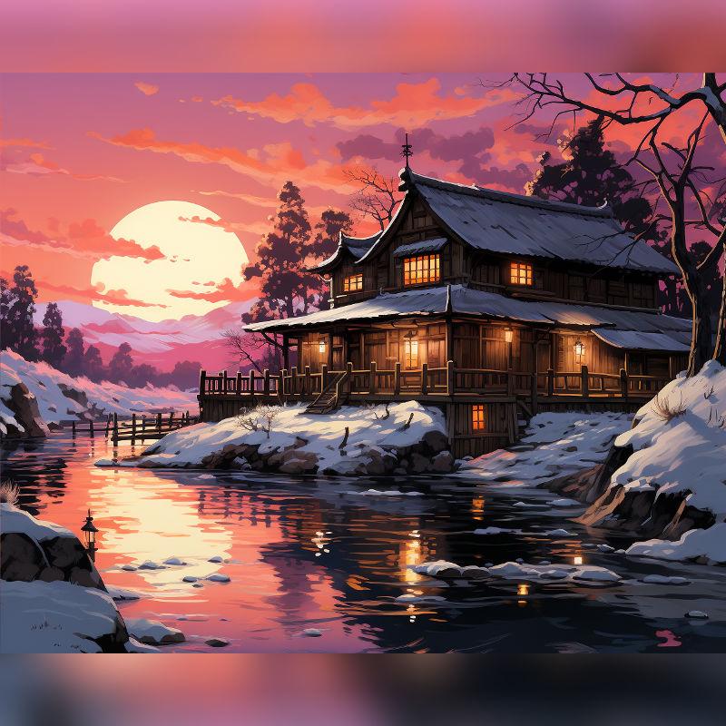 Paint by numbers of a traditional wooden cabin in the snow at sunset, with glowing lanterns reflecting on a river under a vibrant pink-orange sky.