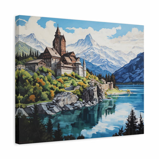Paint by numbers kit of a castle on a cliff by a blue alpine lake with snowy mountains in the background shown in a frame